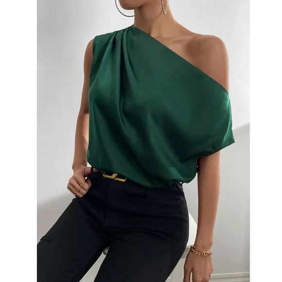 Dark Green Satin Draped Asymmetrical Blouse Top - Picture 2 of 12